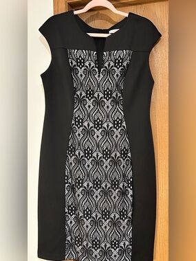 Black Midi Sheath Dress with White Lace-Patterned Panel
